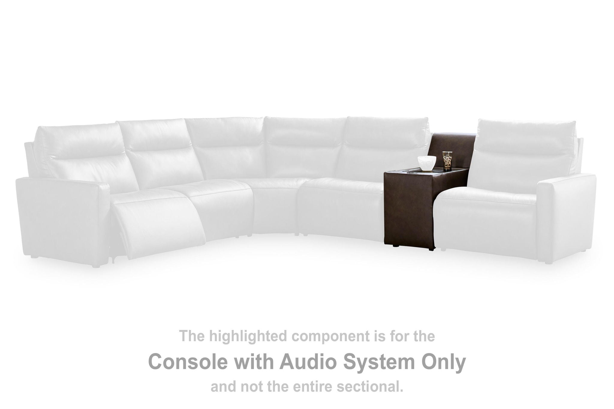 Dark chocolate upholstered console with audio system shown within a white sectional arrangement