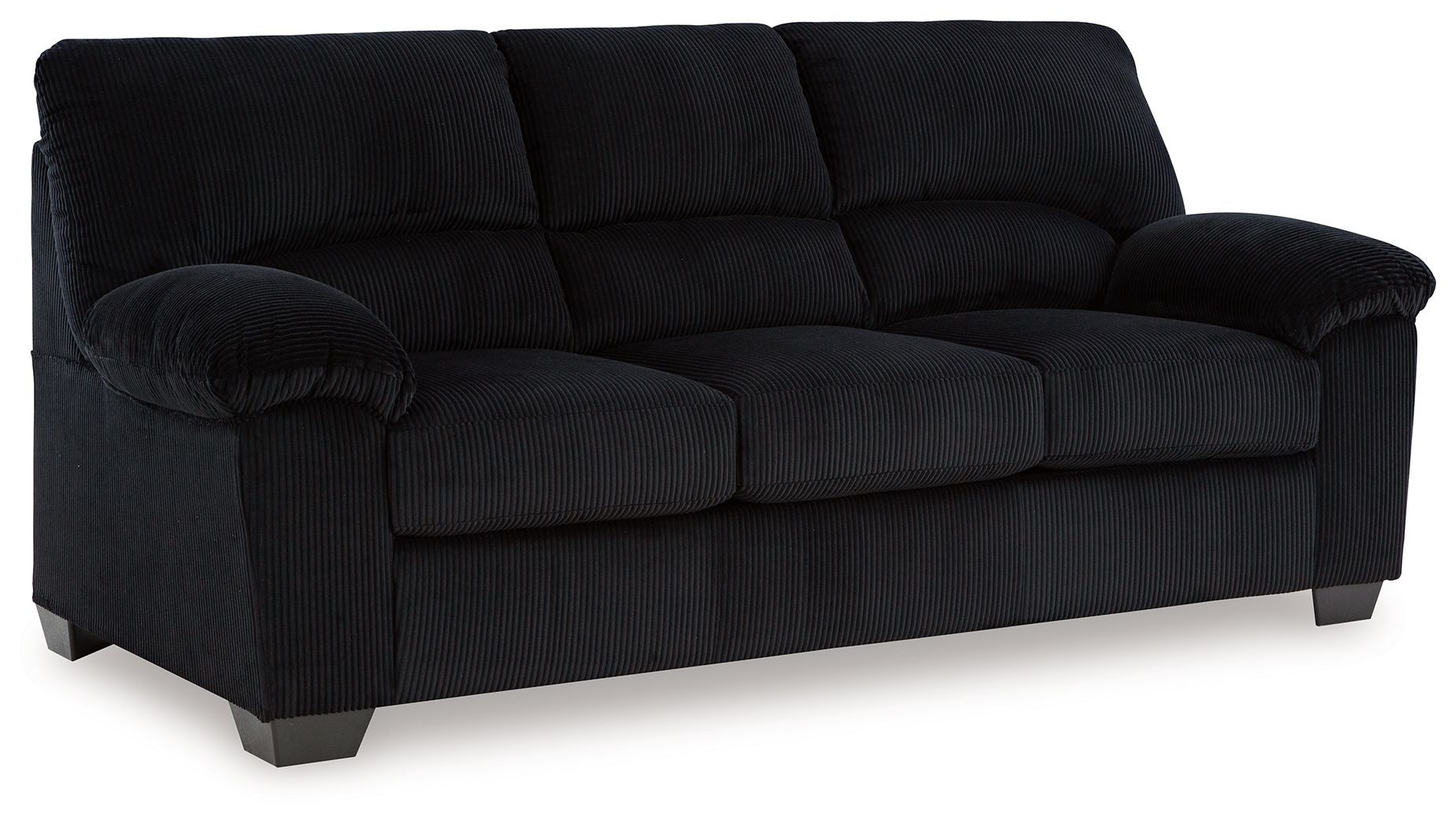 Black corduroy sofa with tufted back and rolled armrests