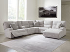 Pewter power reclining sectional sofa with chaise and five back cushions, side view