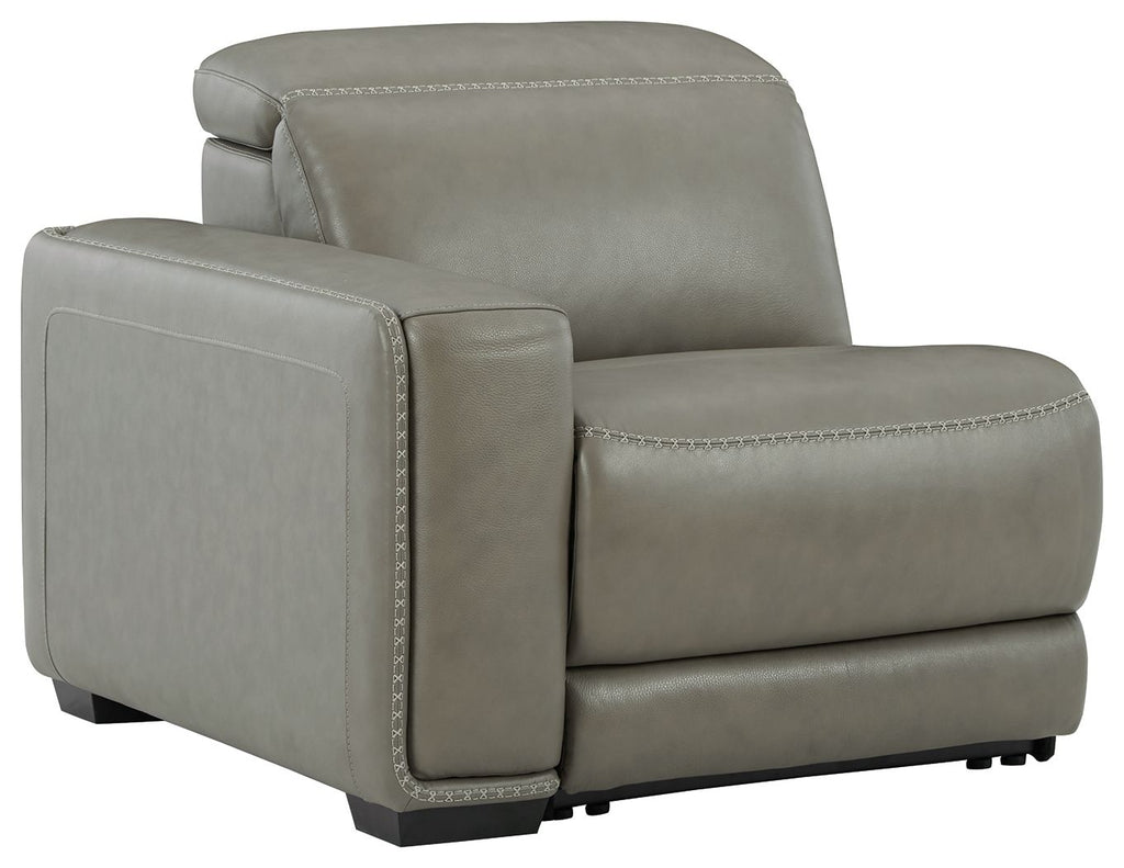 Gray power recliner with extended ottoman seat and armrests