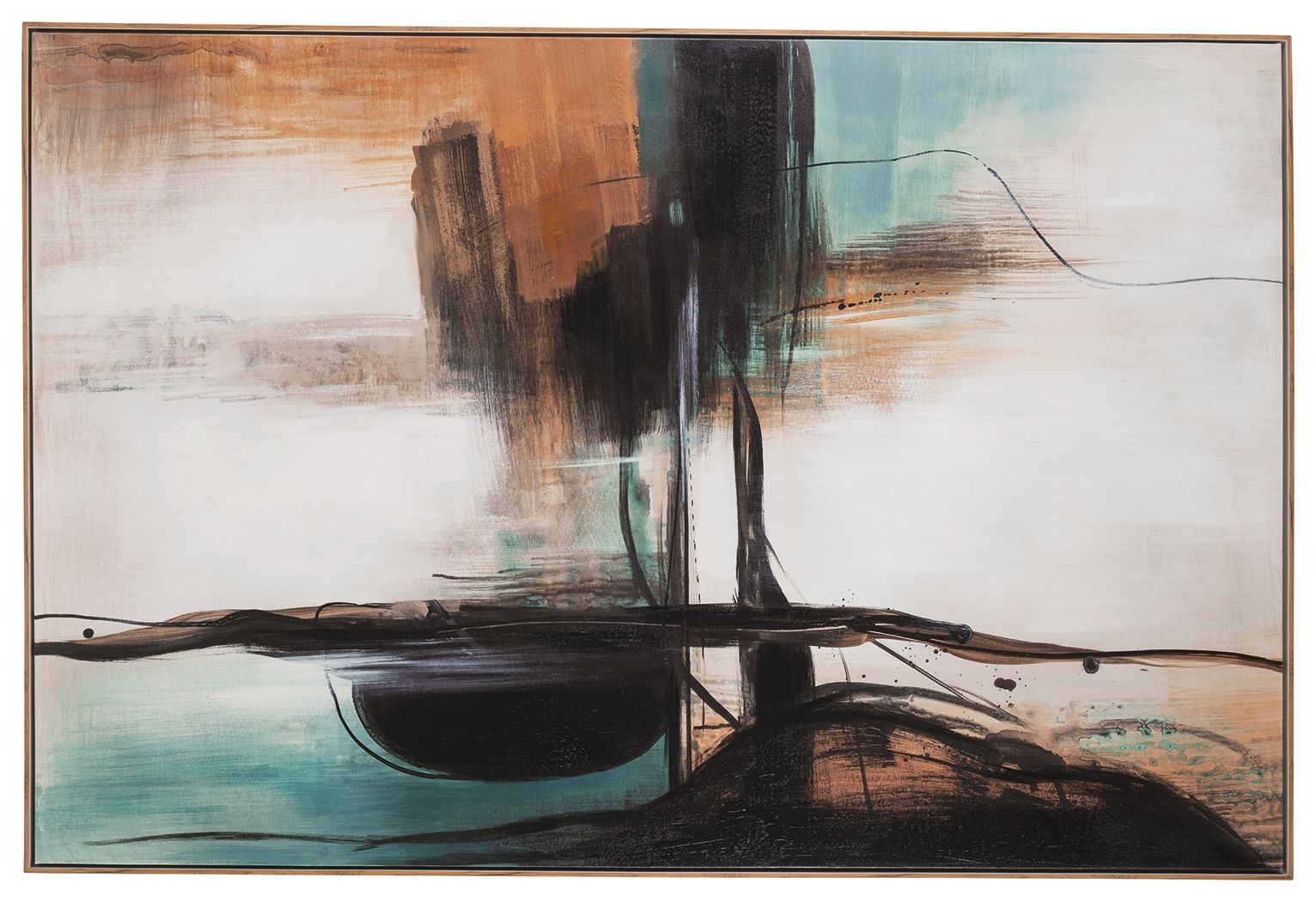 Brunonia abstract wall art with teal, orange, and black gestural strokes, rectangular