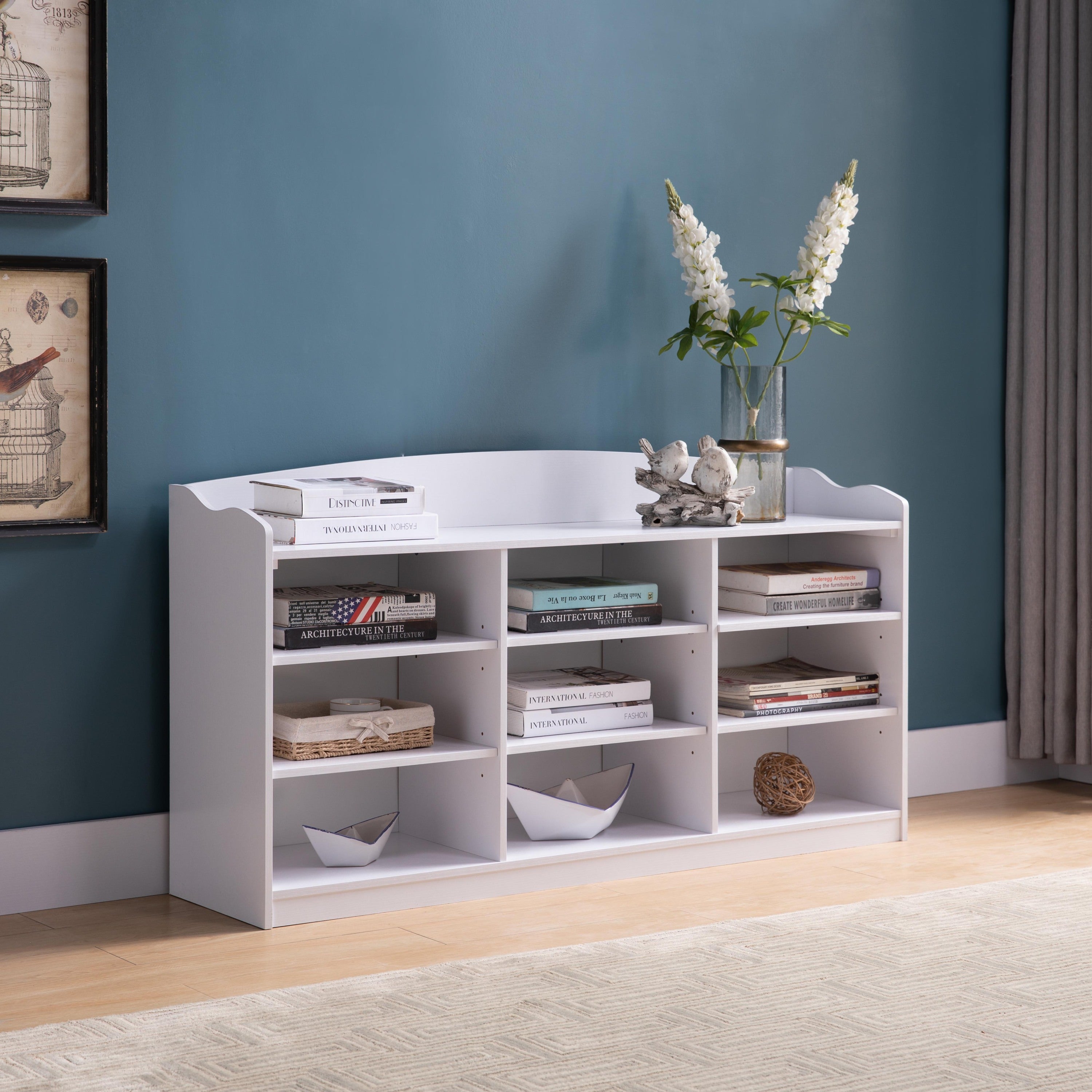 White Entryway Shoe Storage Bench with 9 Shelves