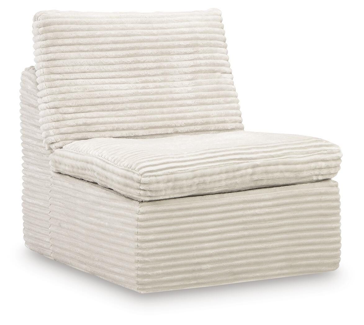 Ivory armless chair with ribbed upholstery and padded seat and backrest