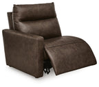 Chocolate brown power recliner with extended footrest and high back cushion