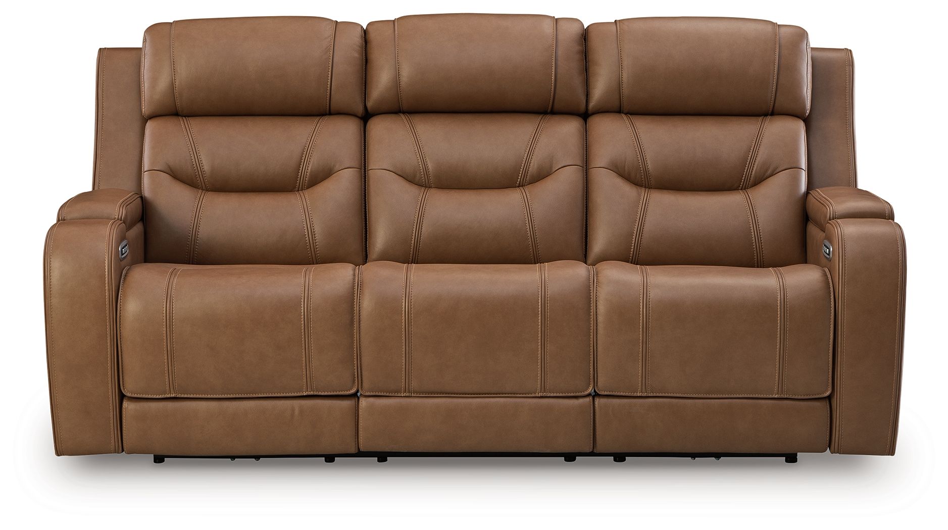 Brown power reclining sofa with padded armrests and tufted back cushions