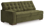 Olive upholstered sofa with tufted backrest and padded arms