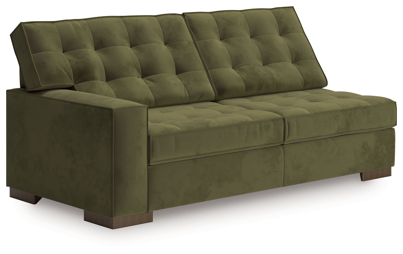 Olive upholstered sofa with tufted backrest and padded arms