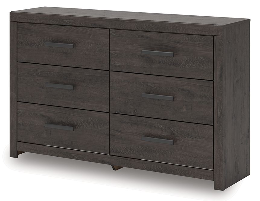 Charcoal six-drawer dresser with two-column drawer layout and bar pulls, side view.