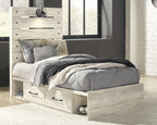 Light beige panel bed with two side drawers, white bedding, and throw pillows