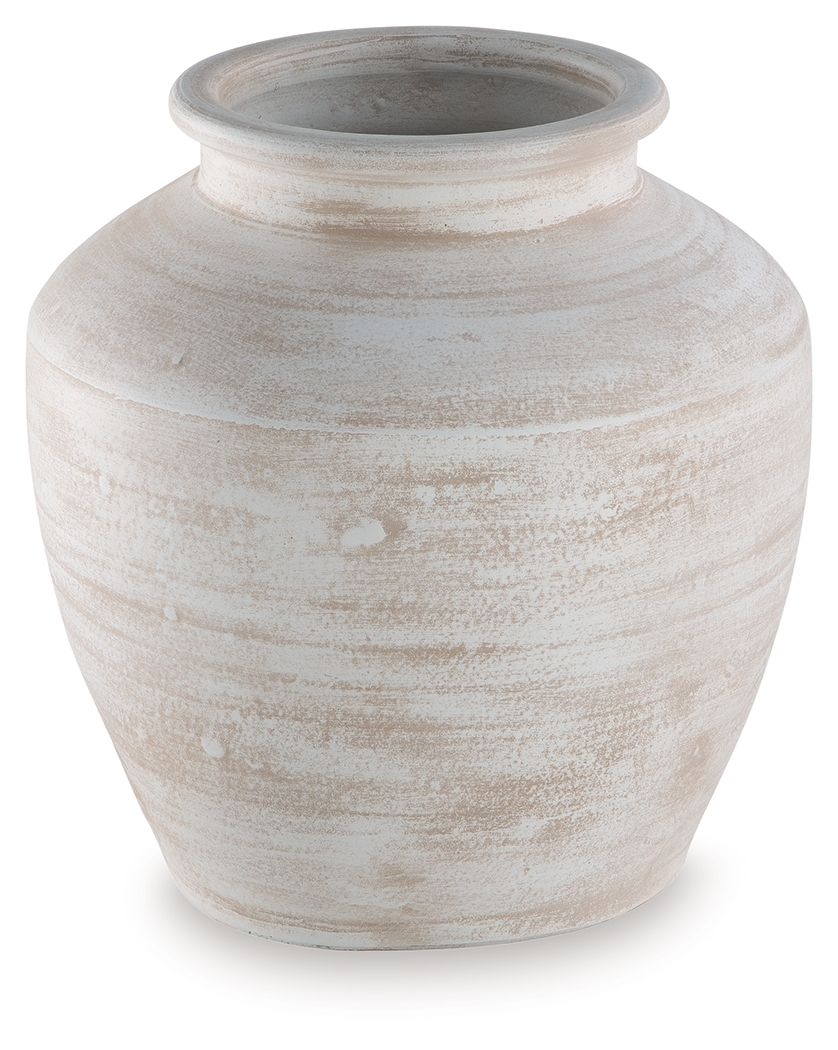 White ceramic vase with rounded body and wide circular top opening