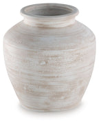 White ceramic vase with rounded body and wide circular top opening
