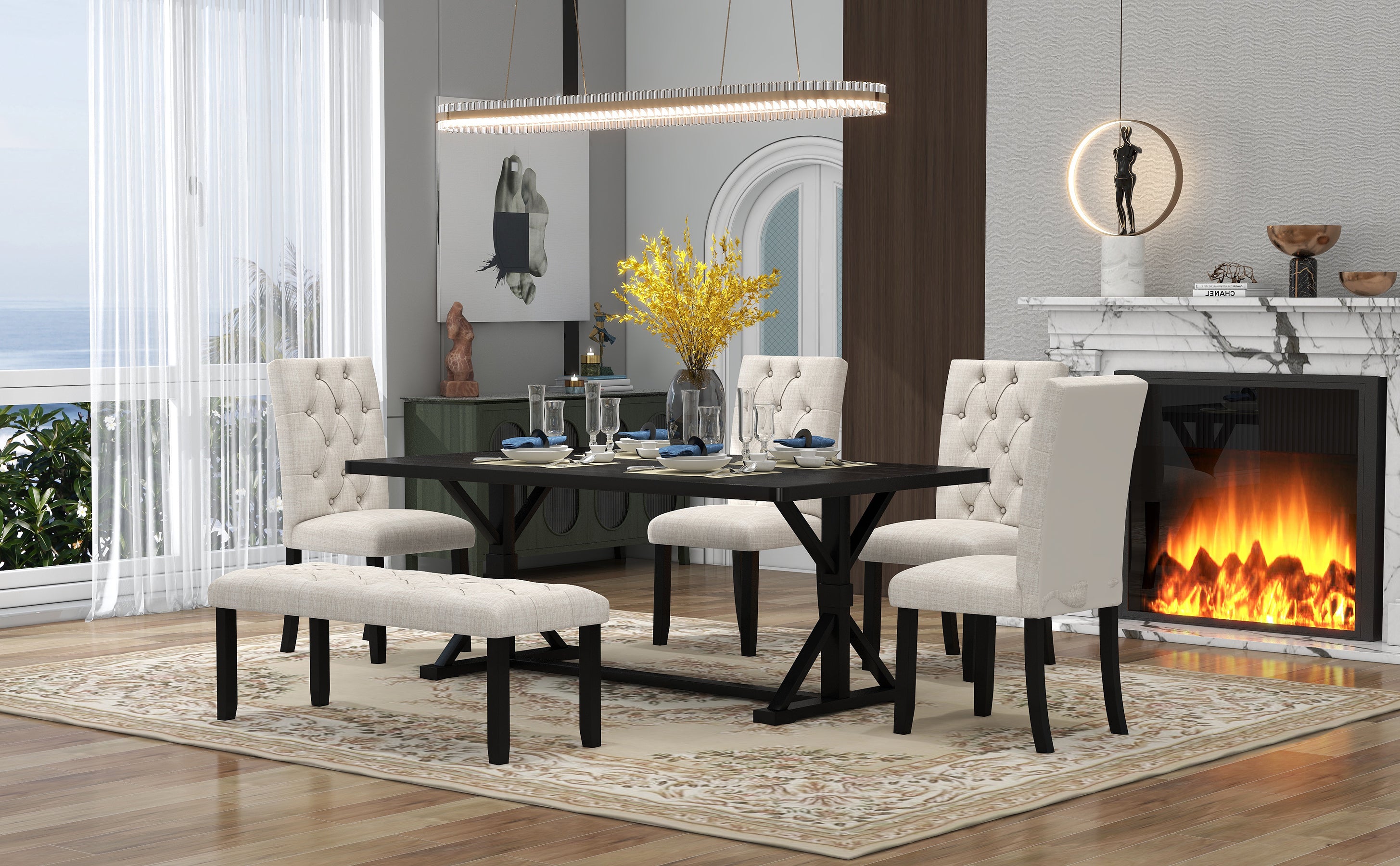 6-Piece Farmhouse Dining Set, 72" Table & Bench
