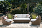 Outdoor furniture set: loveseat and two swivel chairs with beige wicker and white cushions