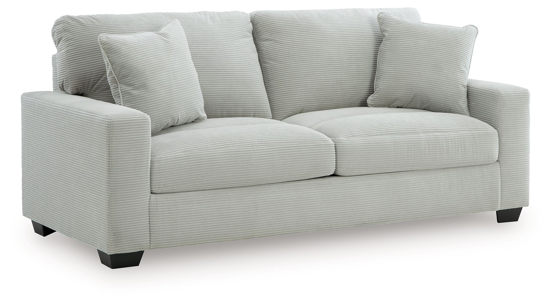 Greenbriar sofa in light gray fabric, three back cushions, dark tapered feet