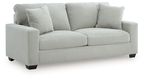 Greenbriar sofa in light gray fabric, three back cushions, dark tapered feet