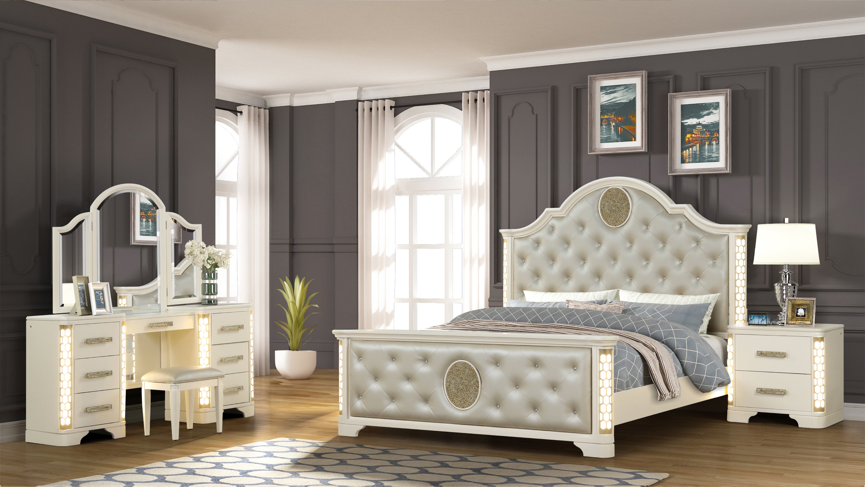 Jasmine Queen 4 Pc LED Vanity Bedroom Set | Beige Wood (NJ)