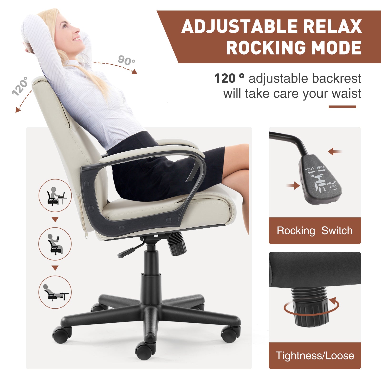 Mid Back Office Desk Chair with Padded Armrests, PU Leather