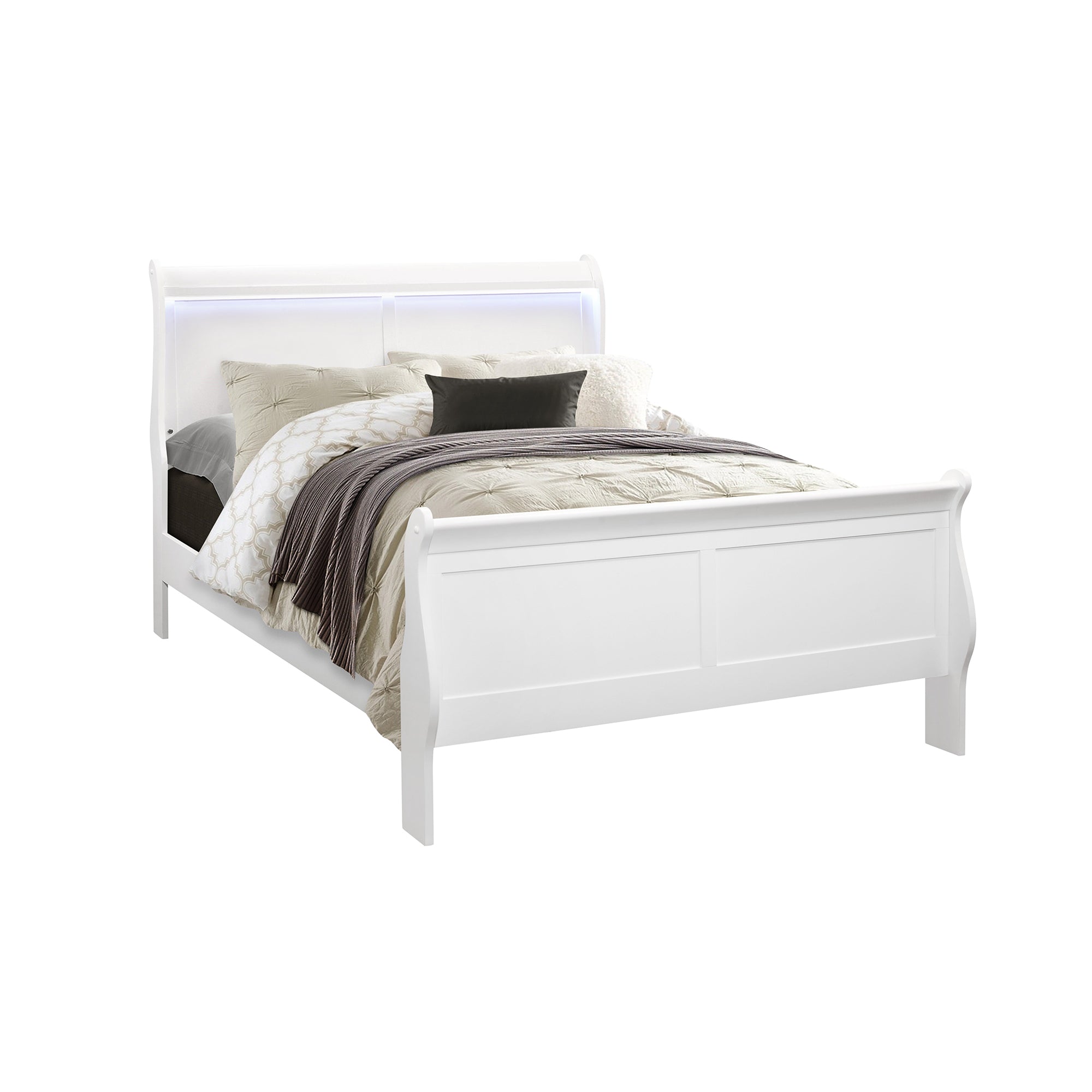 Charlston Sleigh Full Bed with LED Lighting, White Wood Frame