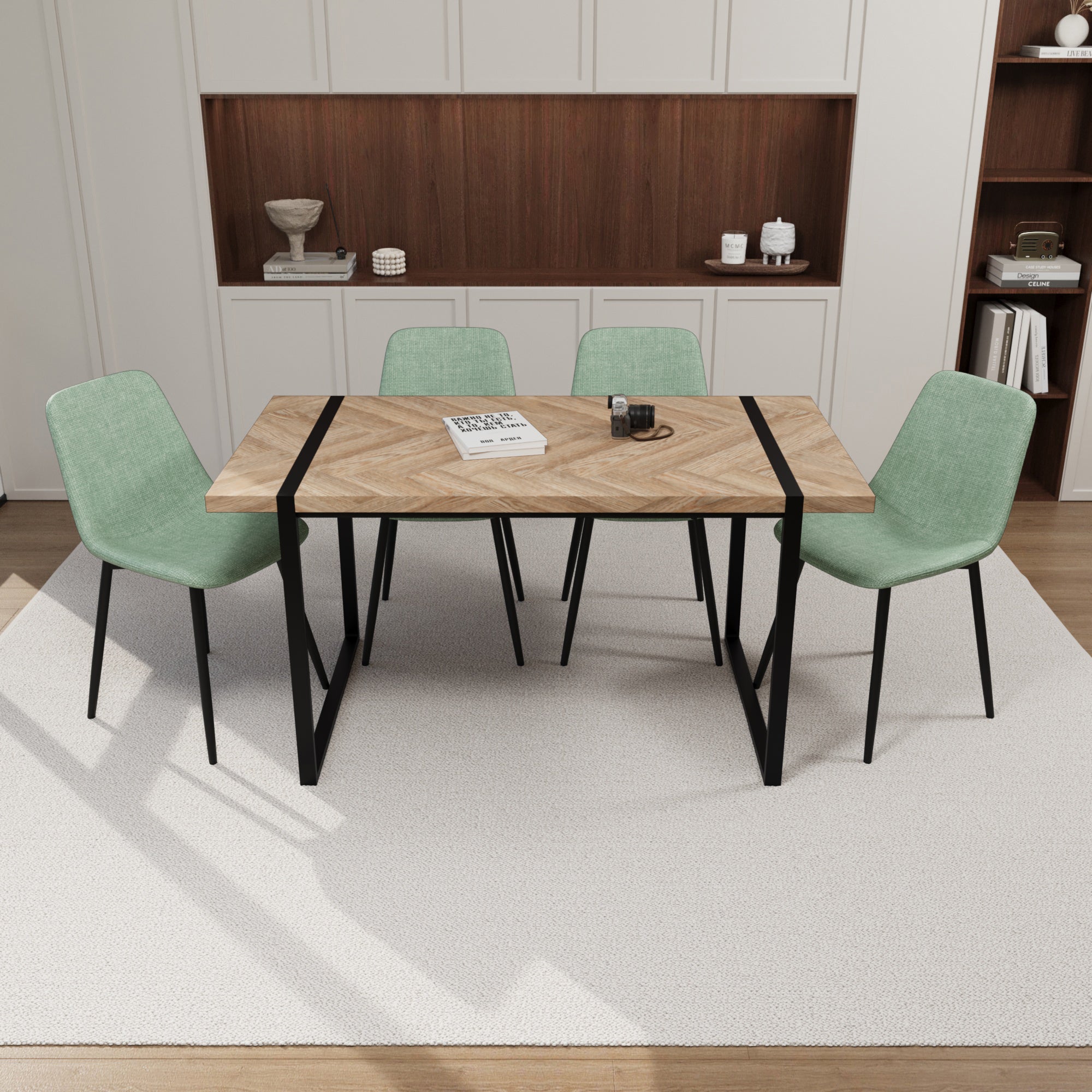 59" Modern Dining Table Set w/ 4 Suede Chairs