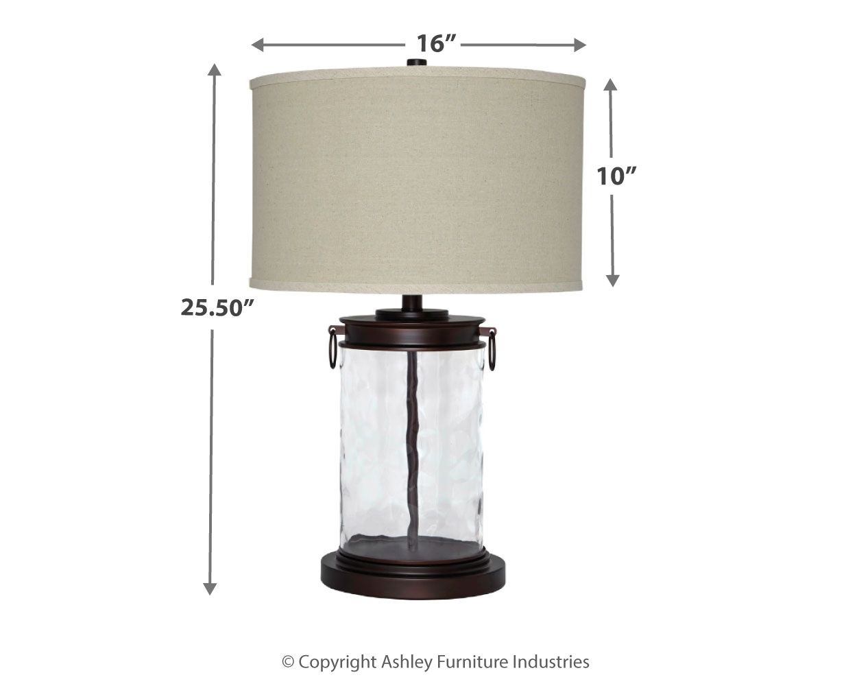 Clear glass table lamp with beige drum shade and bronze metal base