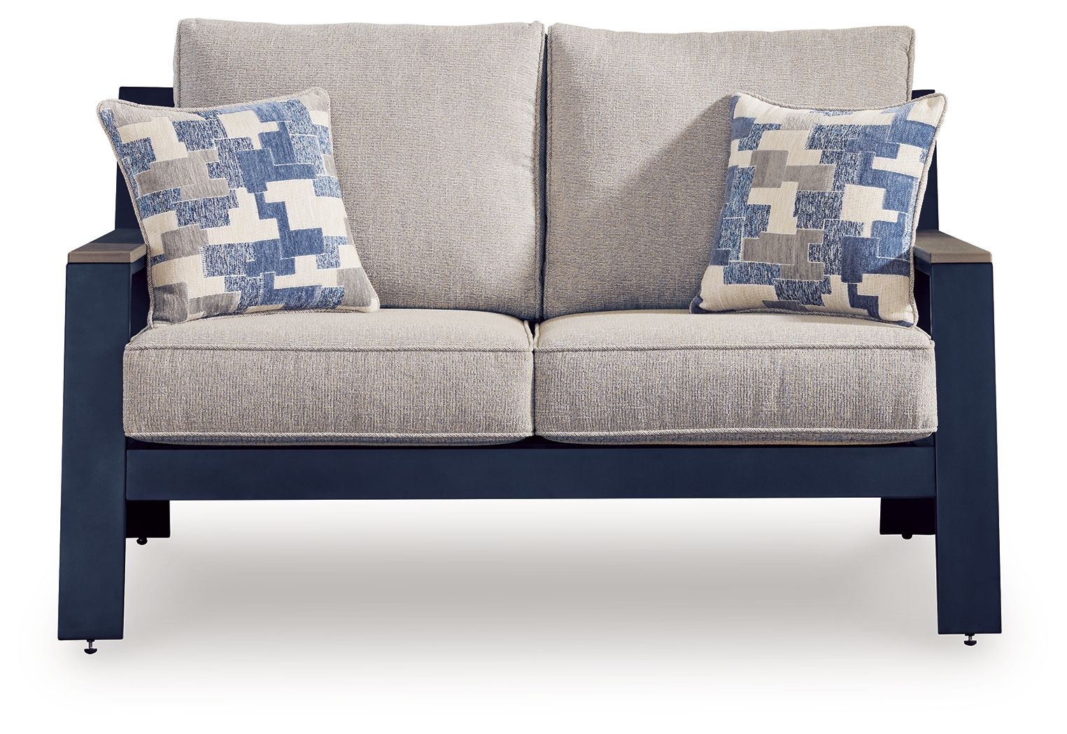 Gray upholstered loveseat with two blue patterned throw pillows and dark frame