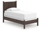 Dark brown panel bed frame with straight legs and white upholstered mattress