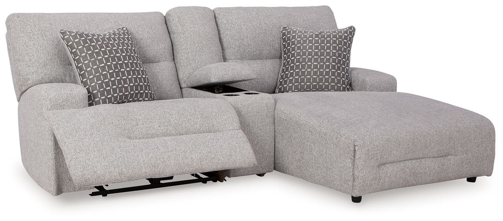 Pewter power reclining sectional sofa with chaise and two accent patterned throw pillows