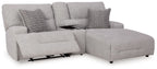 Pewter power reclining sectional sofa with chaise and two accent patterned throw pillows