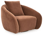 Brown swivel accent chair with tall backrest and rounded arms, upholstered fabric.