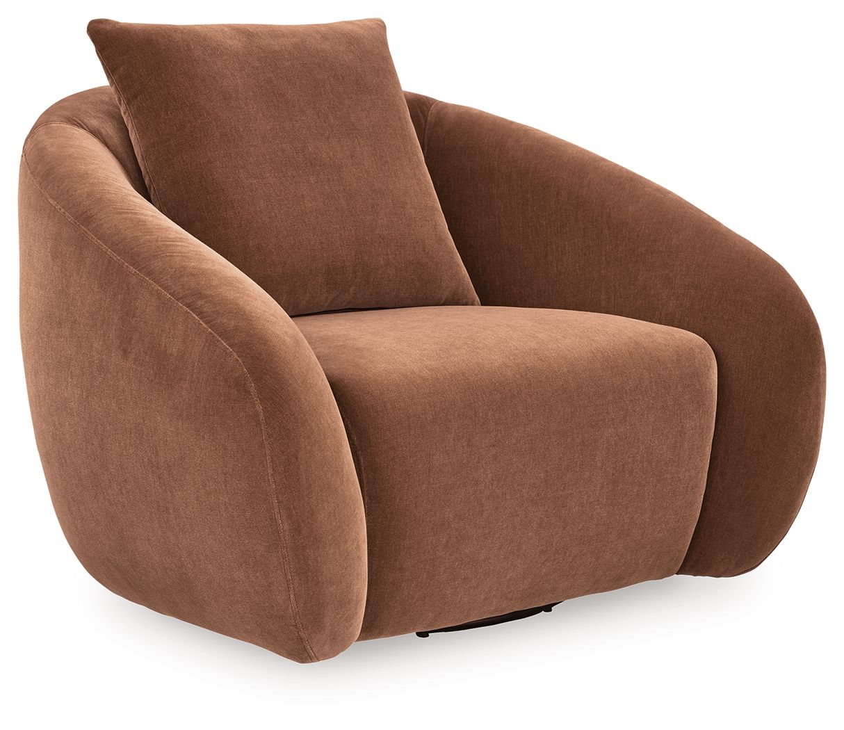 Brown swivel accent chair with tall backrest and rounded arms, upholstered fabric.