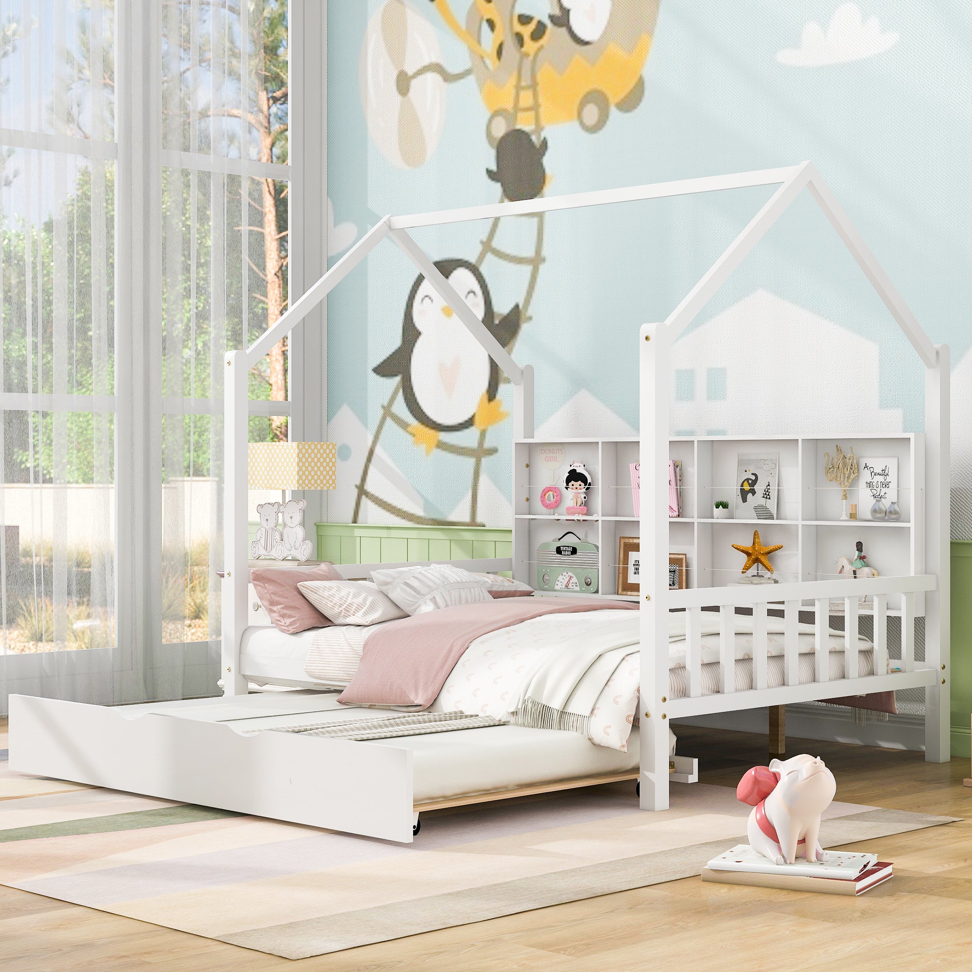 Wooden Full Size House Bed with Trundle & Shelf for Kids - White