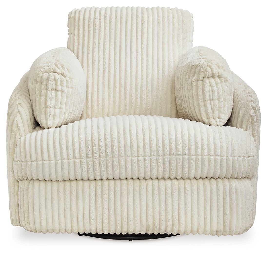 Ivory ribbed recliner with tall back and rounded rolled arm cushions.