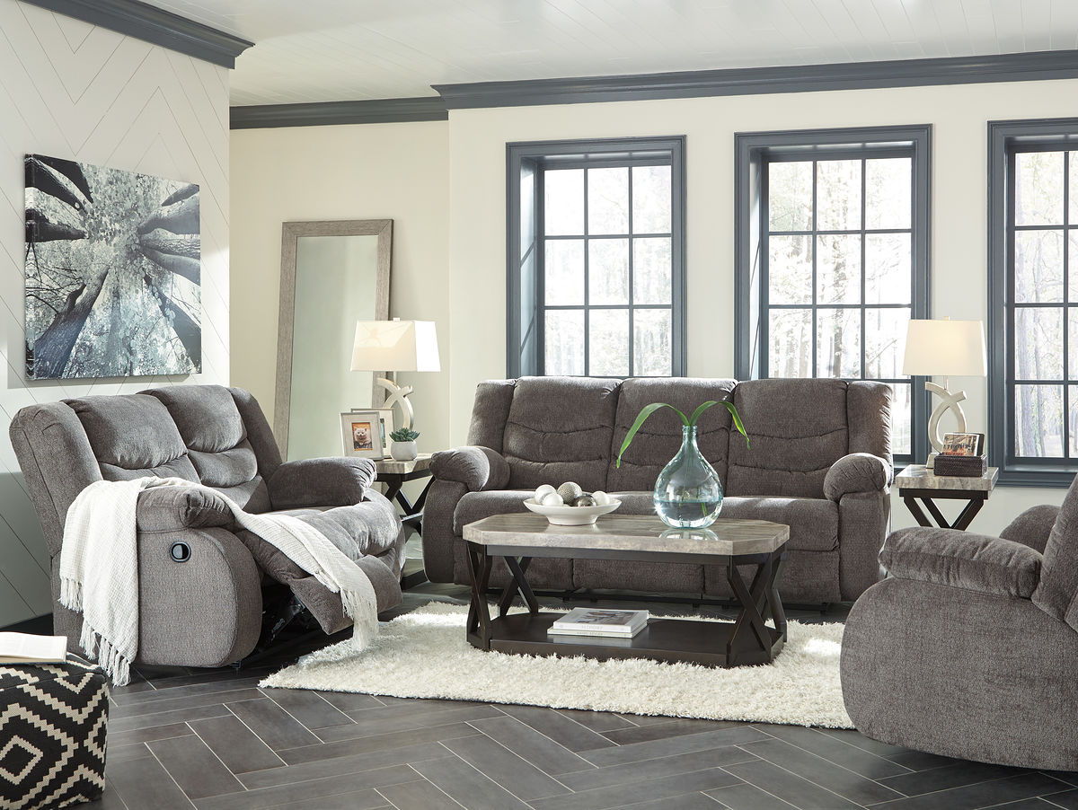 Gray reclining living room sofa set with two recliners and loveseat, fabric upholstery
