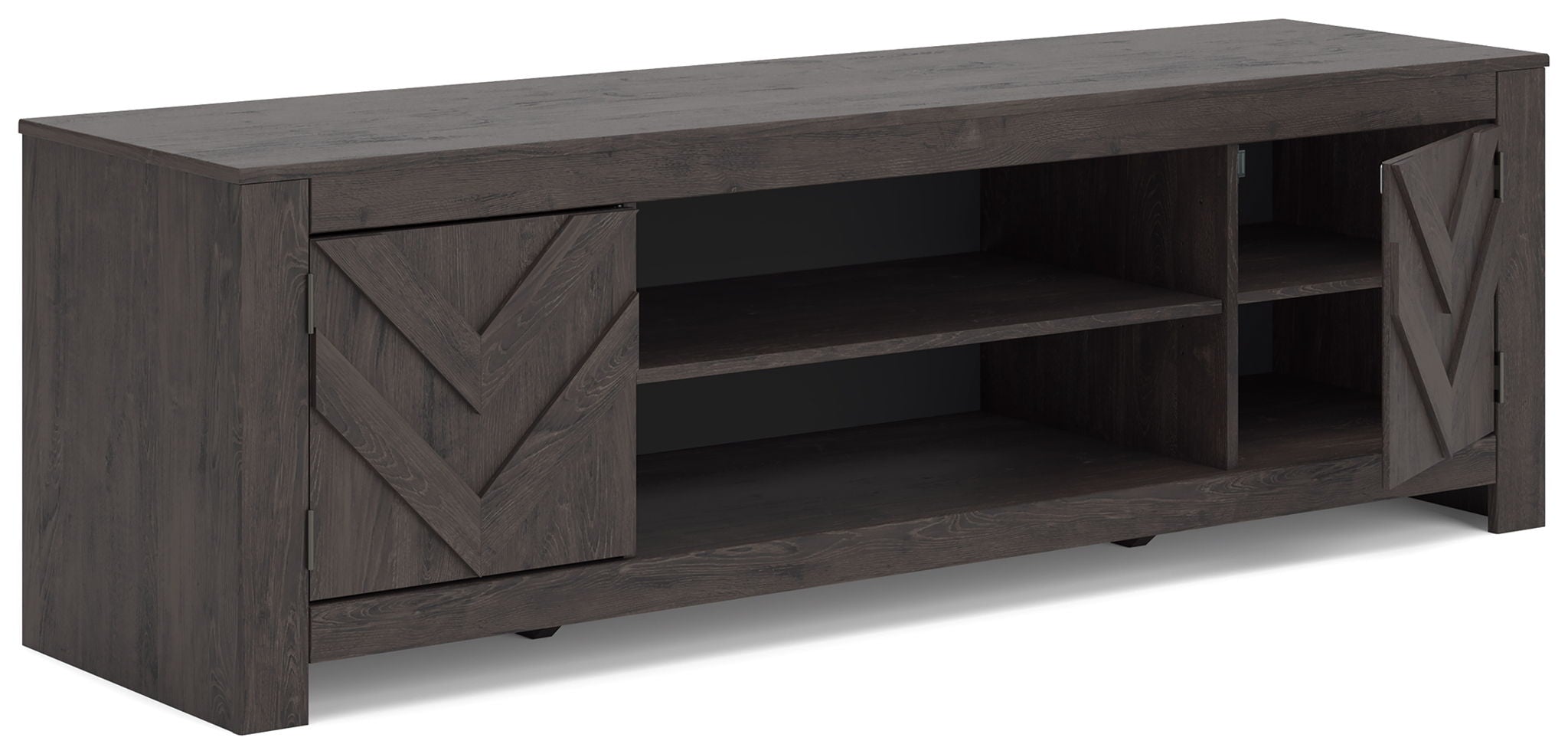 Dark wood TV stand with two side doors and open center shelving