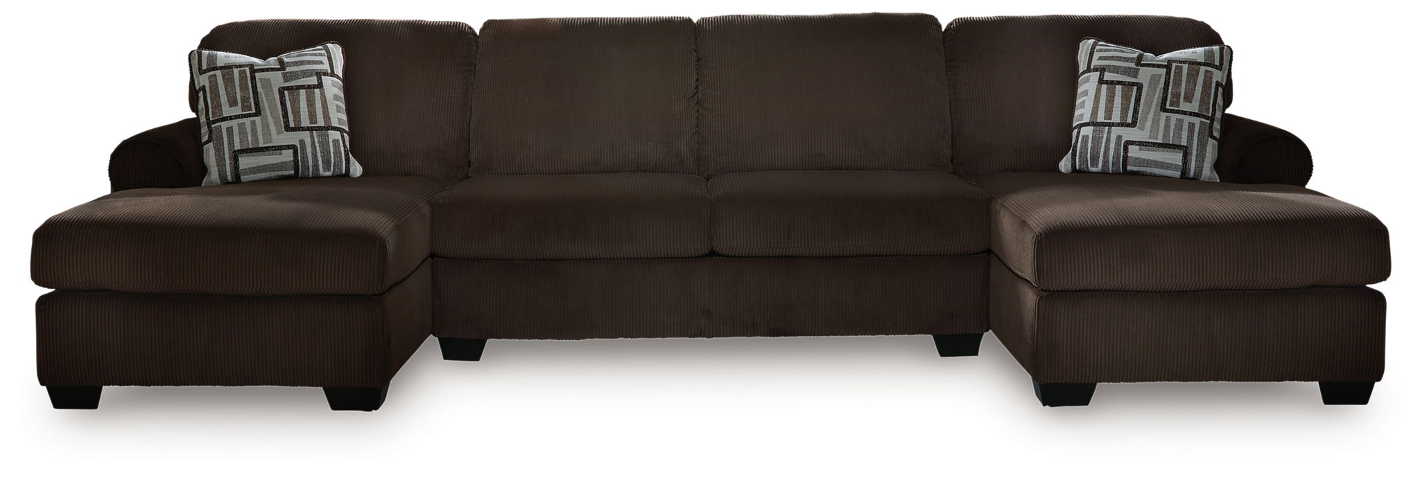 Chocolate sectional sofa with two chaise seats, dark cushions, and patterned accent pillows