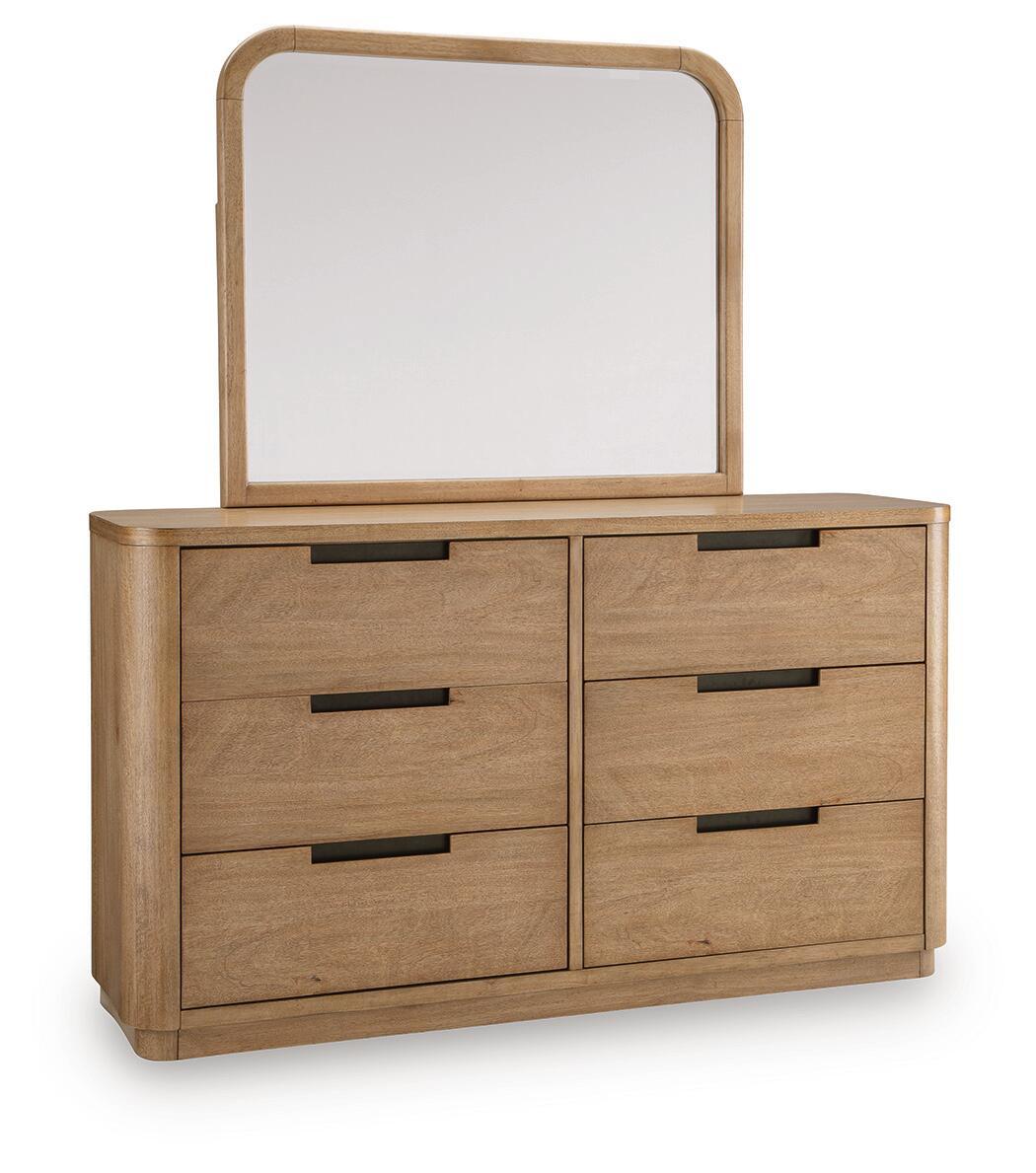 Light brown wood dresser with attached arched mirror and four drawers, black bar pulls