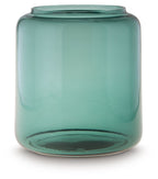Teal glass vase with wide opening and rounded body