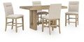 Counter-height dining table with four light beige barstools, light brown wood frames