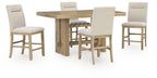 Counter-height dining table with four light beige barstools, light brown wood frames