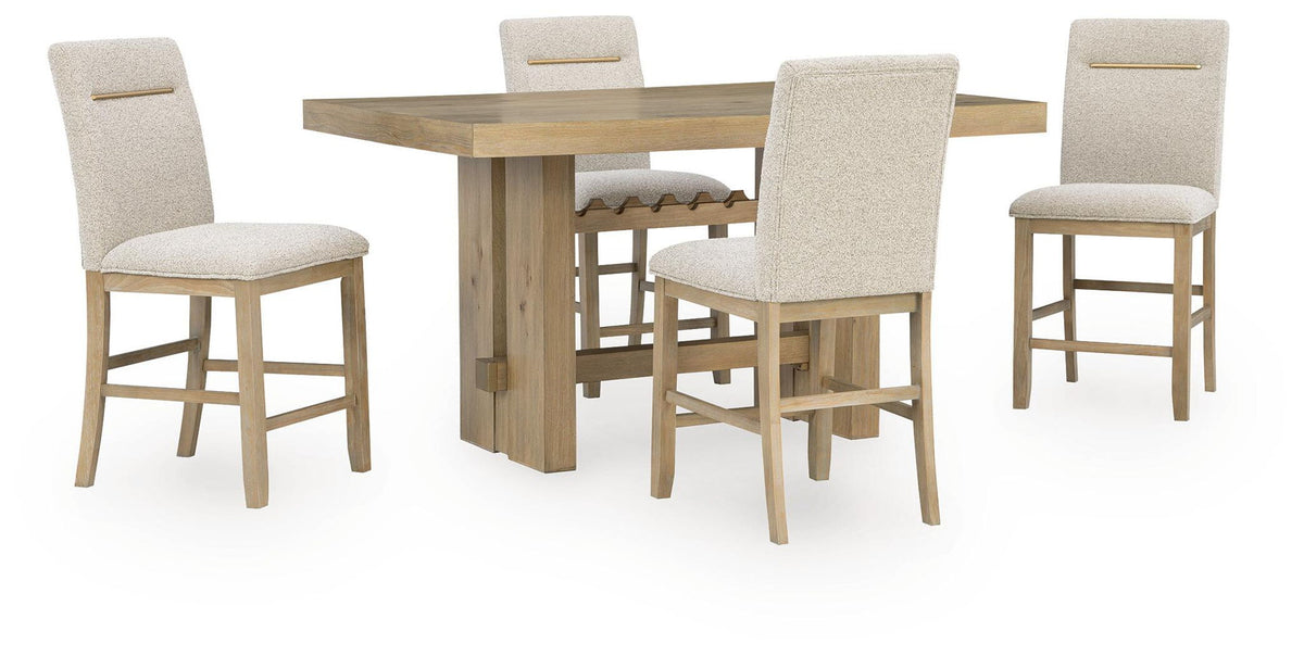 Counter-height dining table with four light beige barstools, light brown wood frames