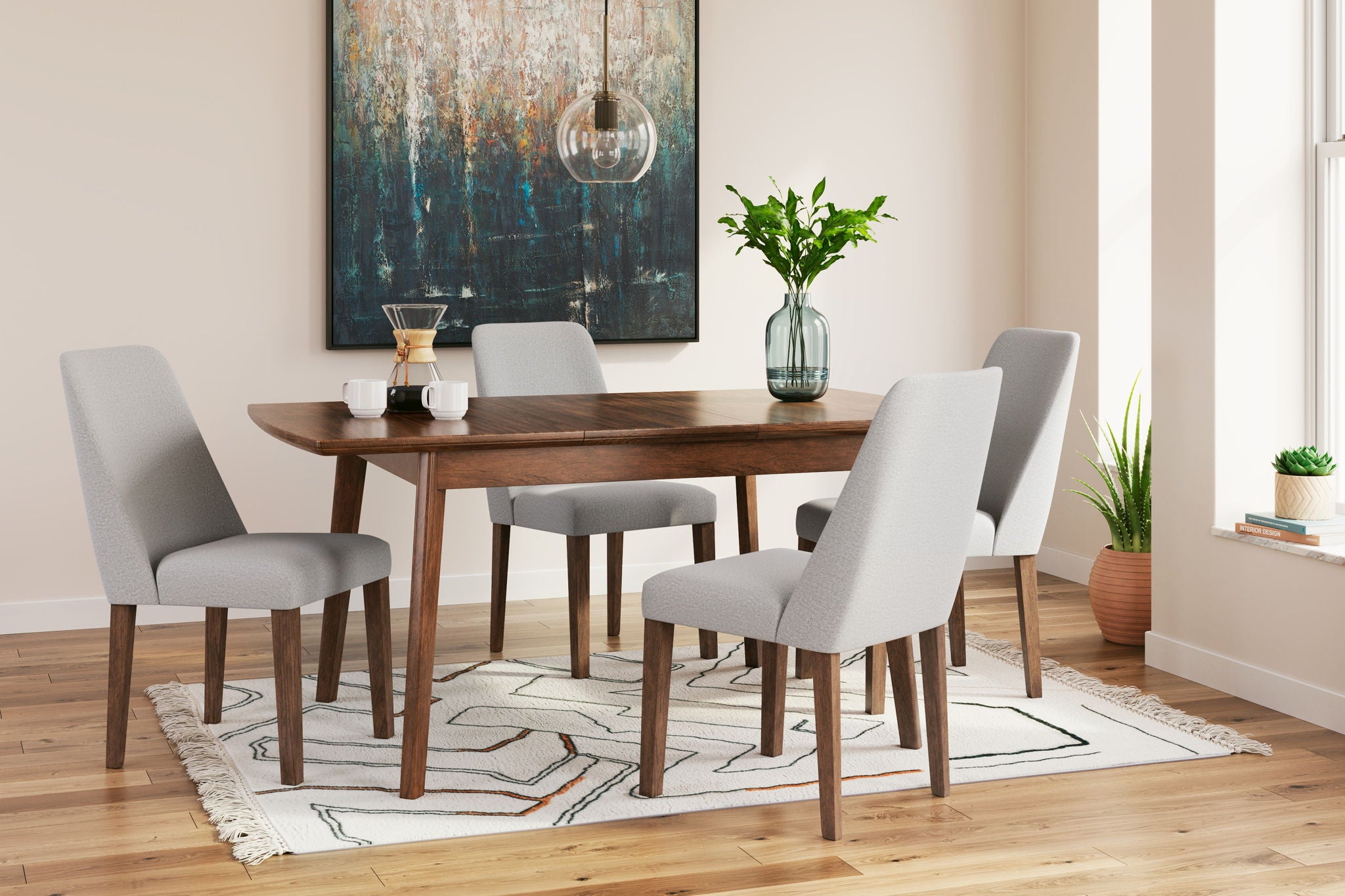 Dining table set with dark wood table and light gray upholstered chairs