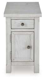 White side table with a top drawer and cabinet door, featuring round metal knobs.