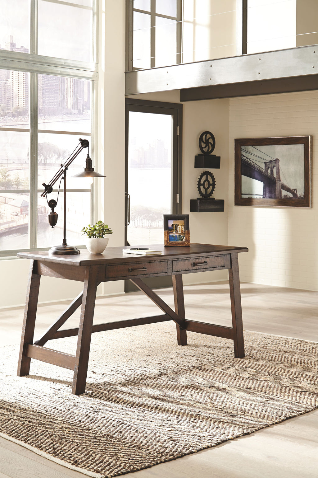 Rustic brown large office desk with two drawers and angled X-frame legs