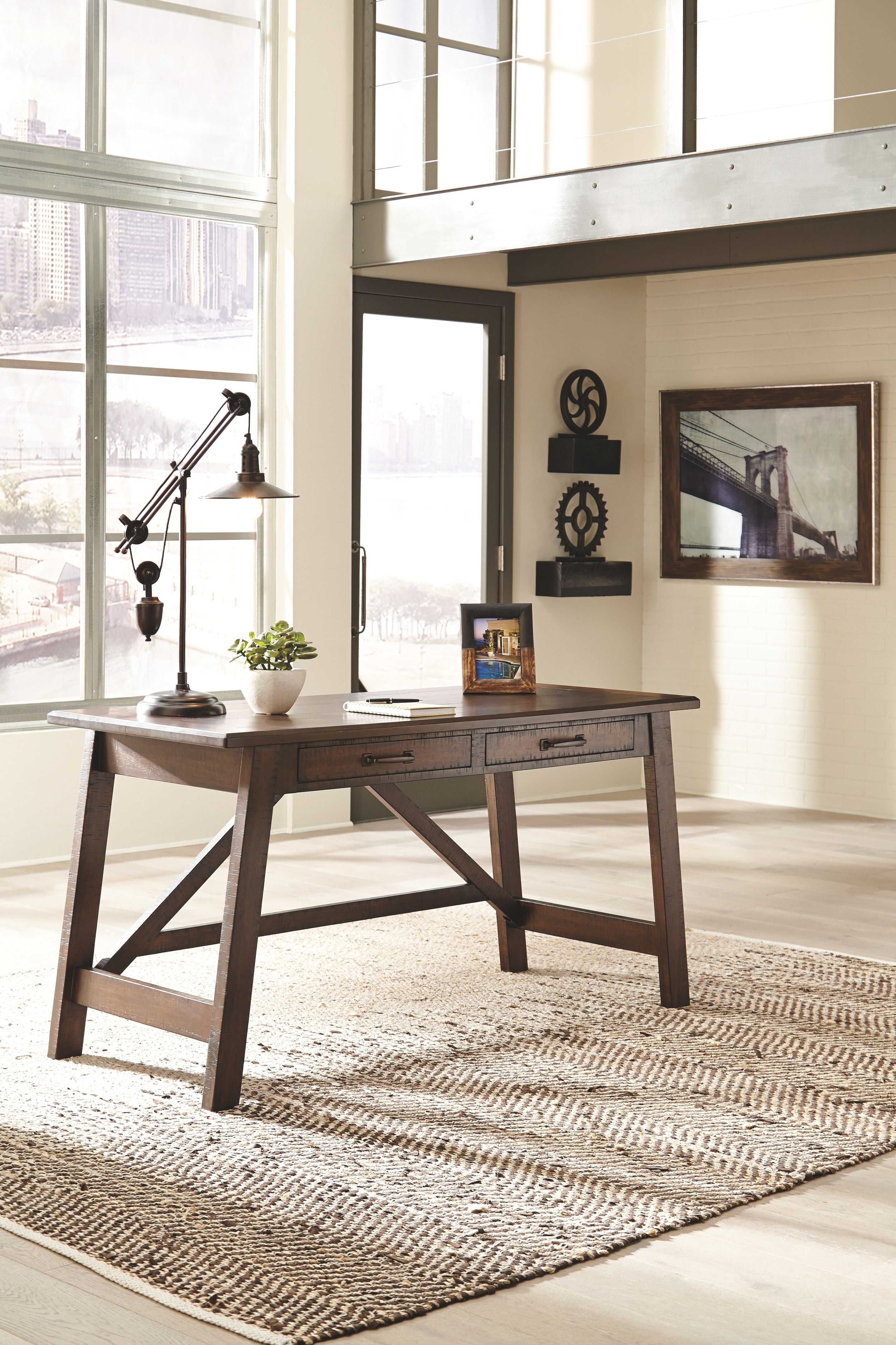 Rustic brown large office desk with two drawers and angled X-frame legs