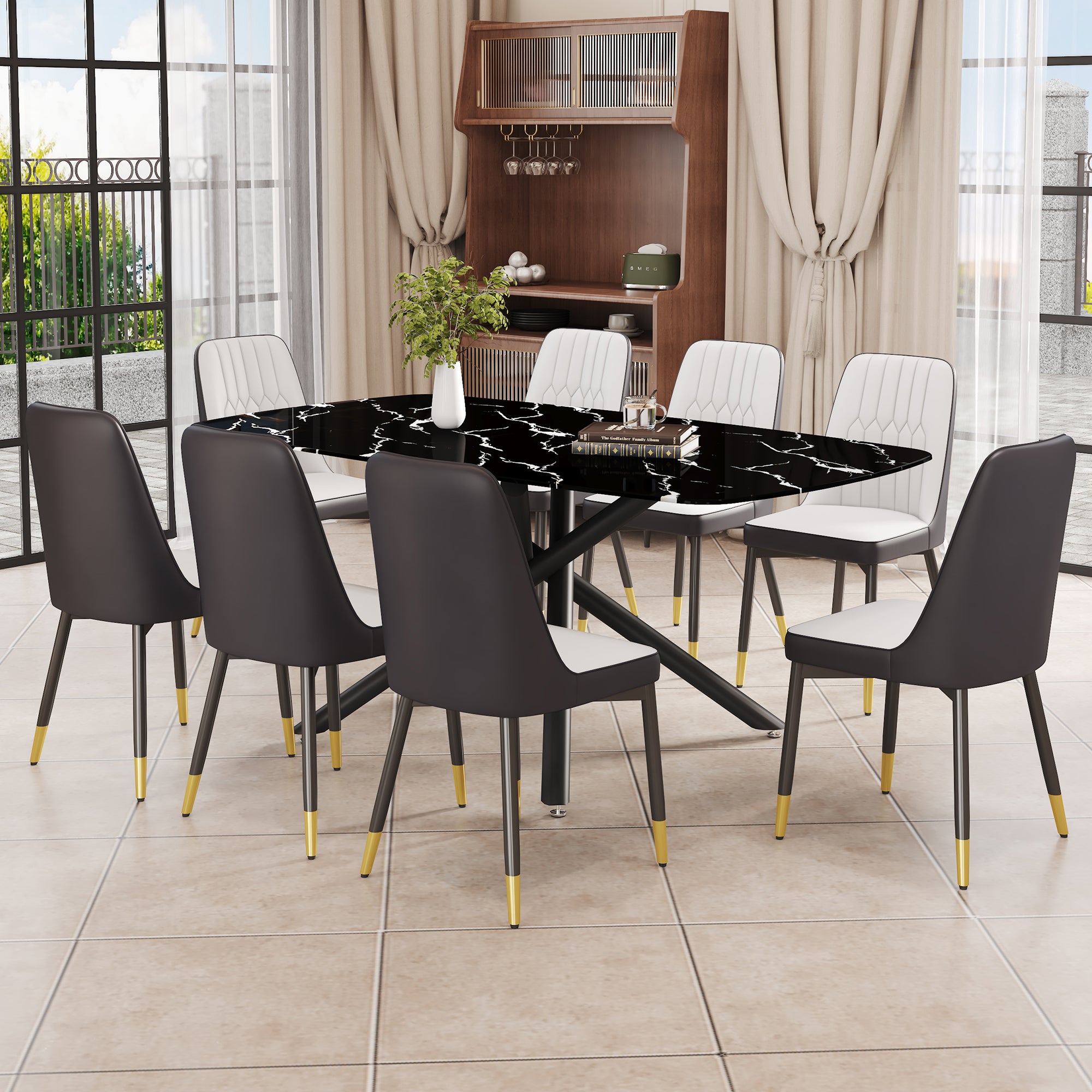 9-Piece Dining Set with Marble-Like Table & 8 Chairs