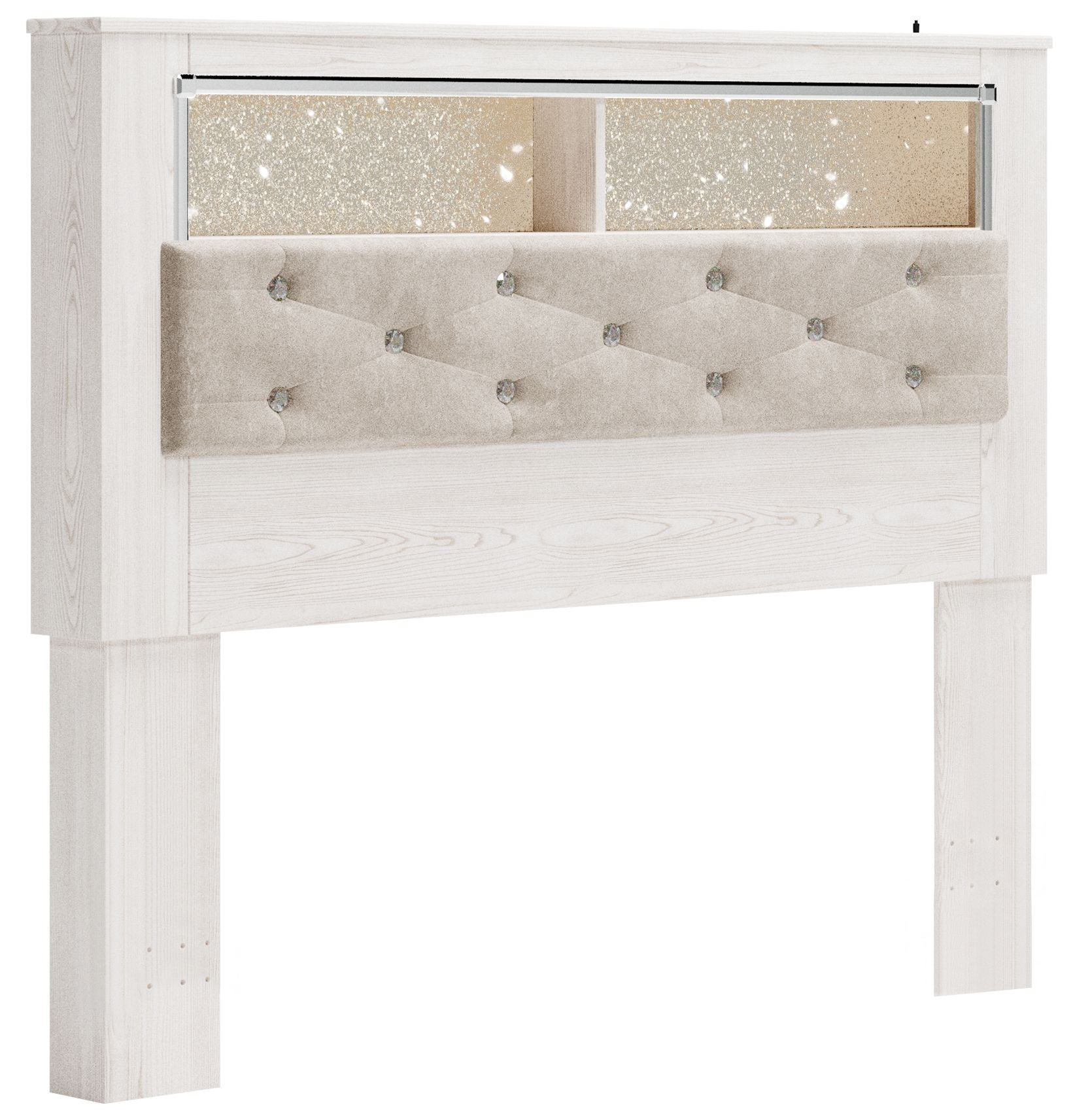White panel bookcase headboard with tufted fabric center and top open shelf
