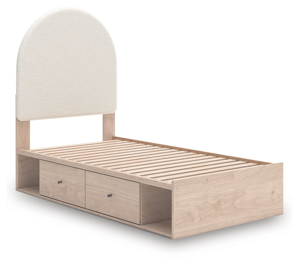 Upholstered panel bed with beige headboard, slatted base, and three front drawers