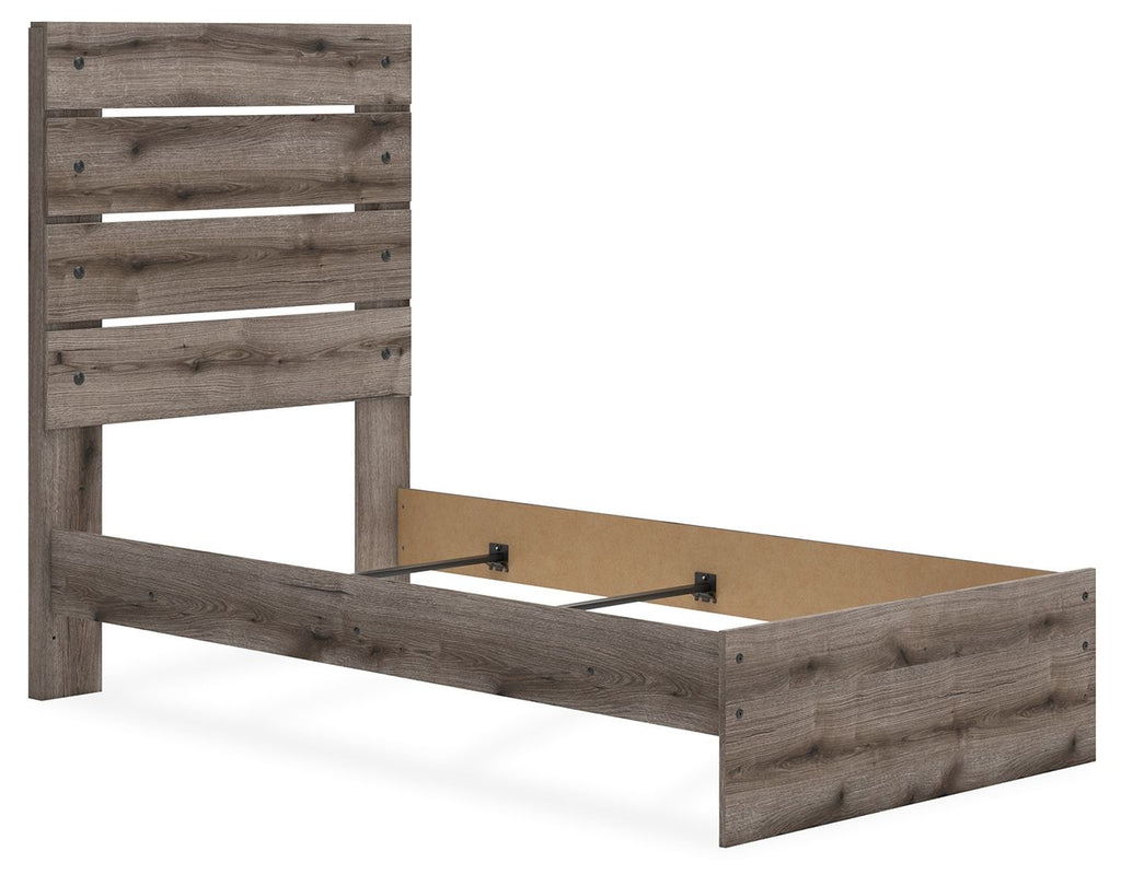 Dark gray panel bed frame with slatted headboard and open storage base