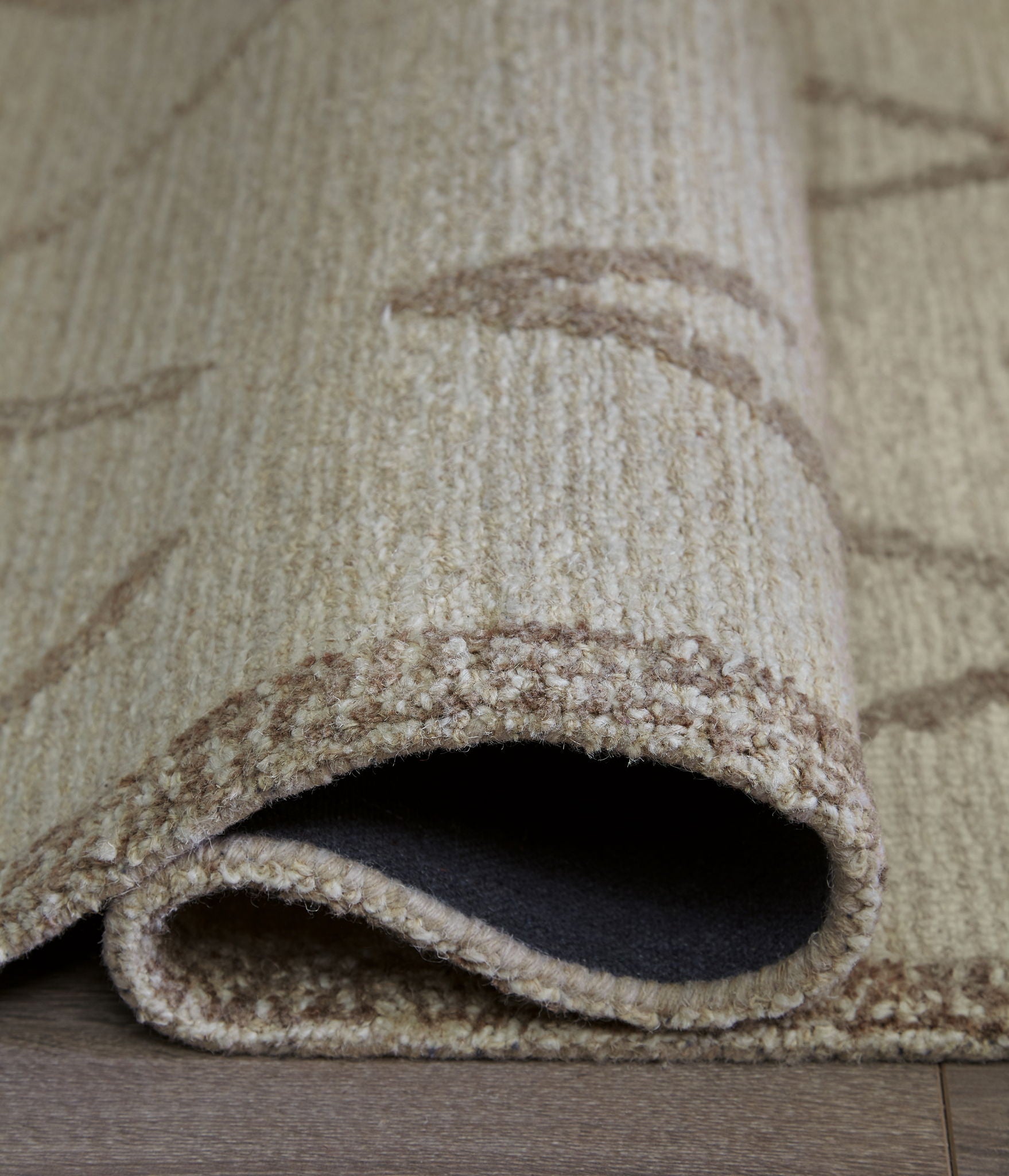 Beige area rug edge detail with brown border and visible dark underside.