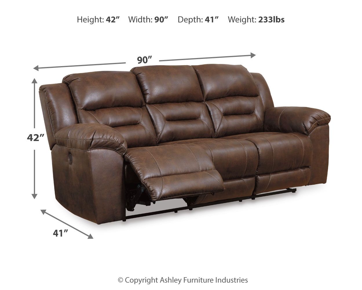 Brown power reclining sofa with padded arms and segmented back; side profile view.